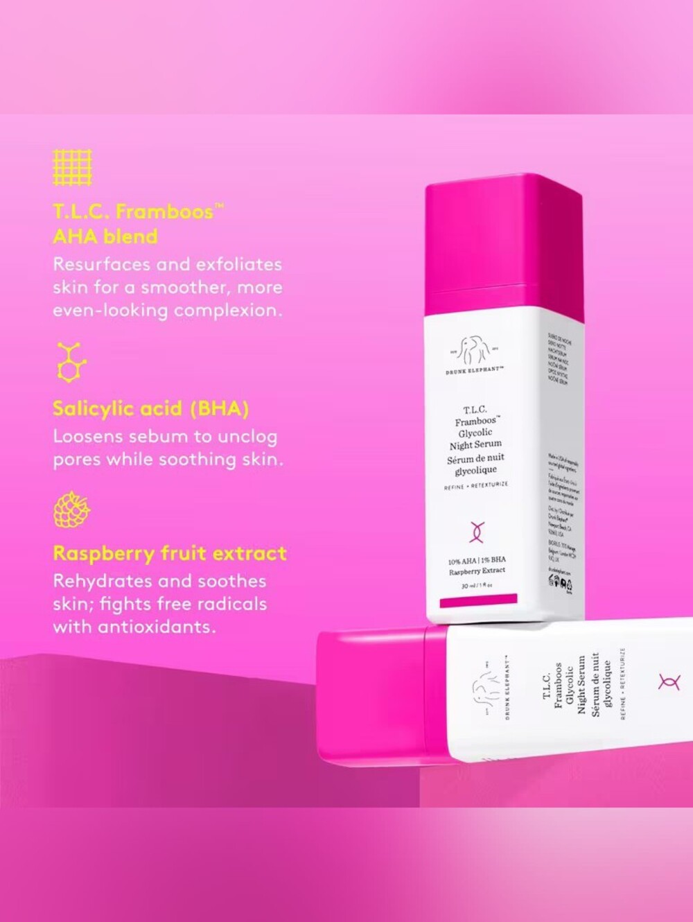 New Drunk Elephant T.L.C Framboos Glycolic Night Serum 10% AHA 1% BHA 1 oz 30 mL